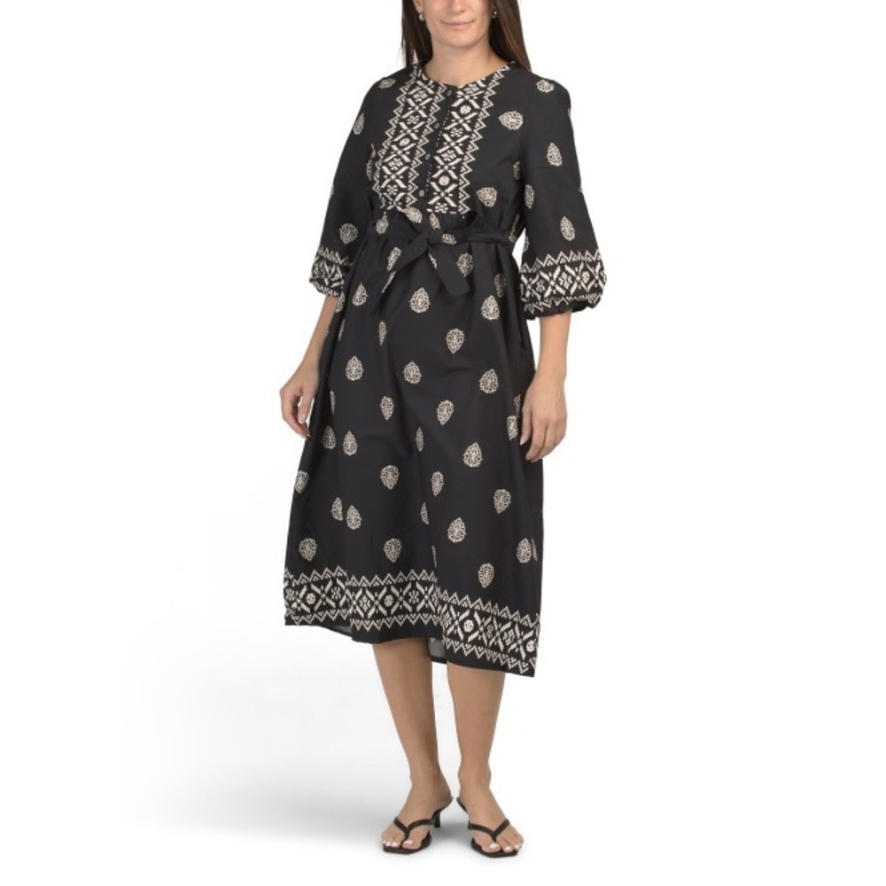 NWT Spighe‎ Di Lino Italy Black Vacation Resort Midi Dress Boho Summer Belted L